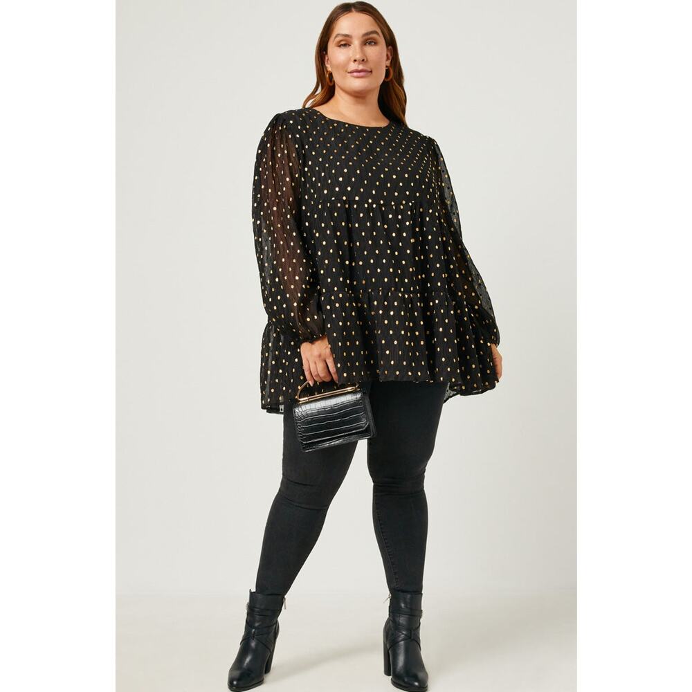 HAYDEN Goldie Black Babydoll Metallic Dot Tiered Tunic Top Plus 1XL